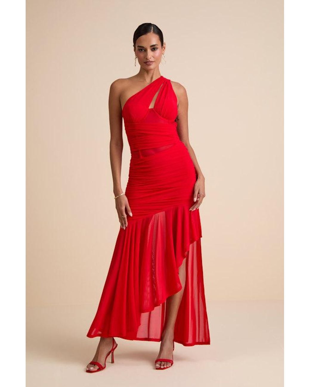 Lulus Red Marcellina Mesh Ruched One-Shoulder Maxi Dress