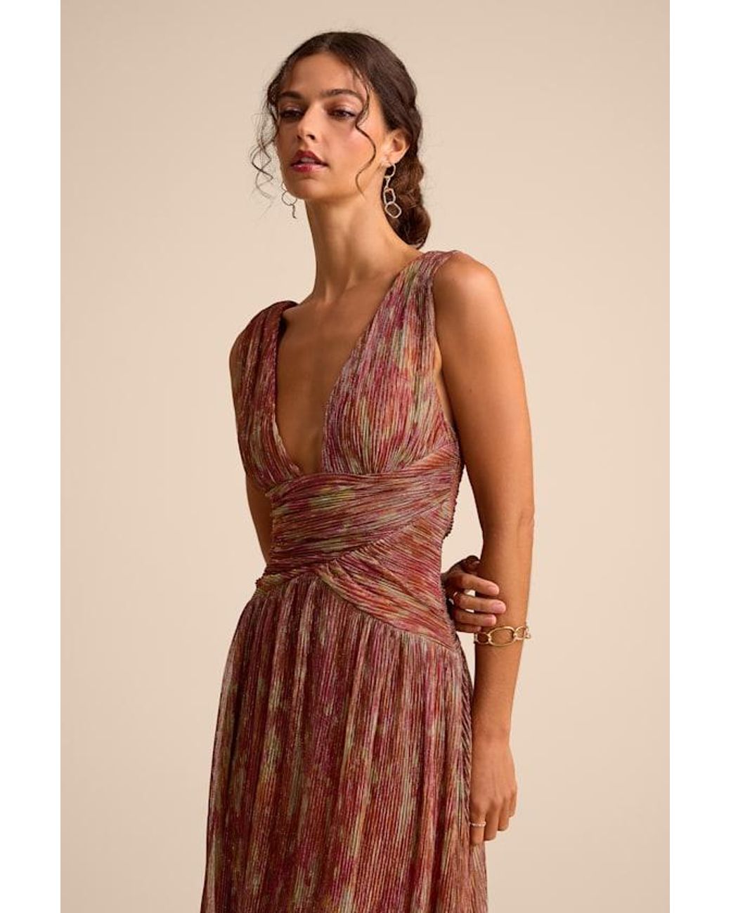 Lulus Red Evaluna Rust Abstract Print Lurex Pleated Maxi Dress