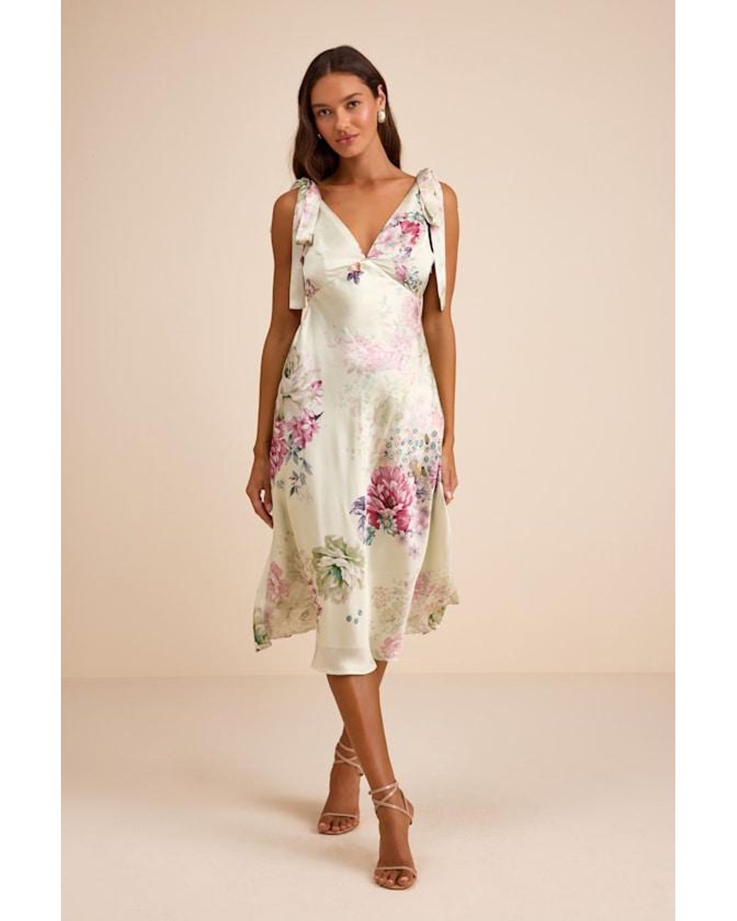 Lulus Natural Zoella Pale Mint Floral Satin Tie-Strap Midi Dress