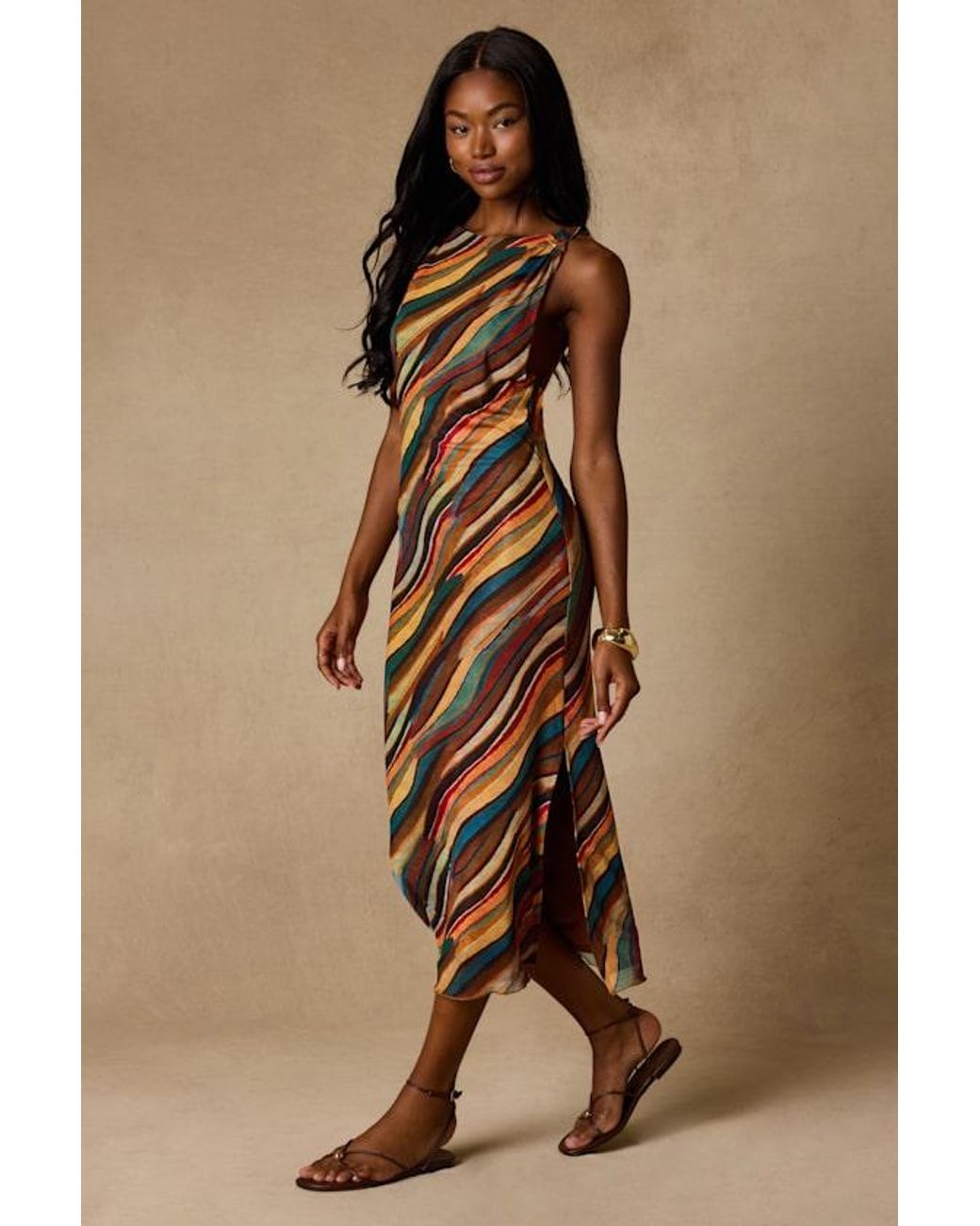 Lulus Brown Keiani Multi Print Backless Midi Dress