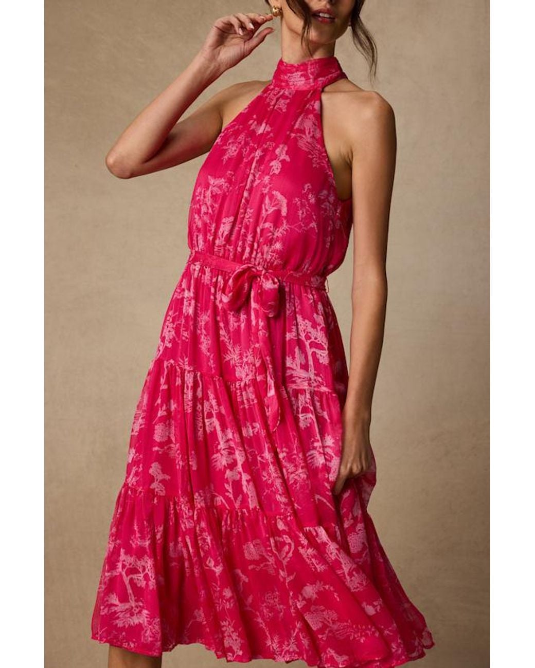 Lulus Pink Float To You Floral Print Halter-Neck Tiered Midi Dress