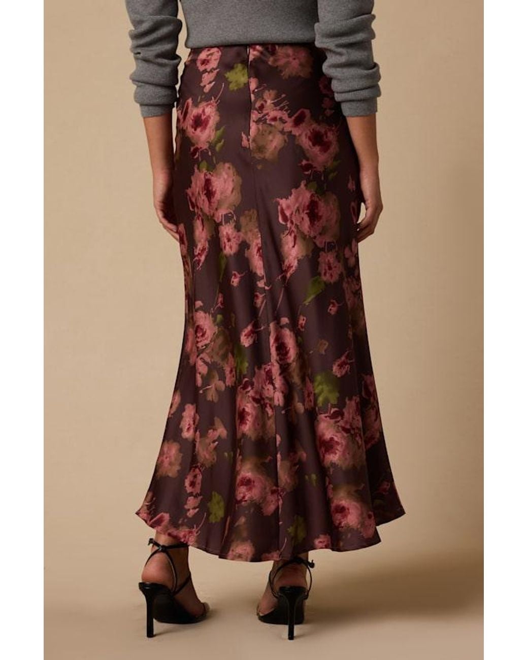 Lulus Brown Binny Plum Floral Print Satin Maxi Skirt