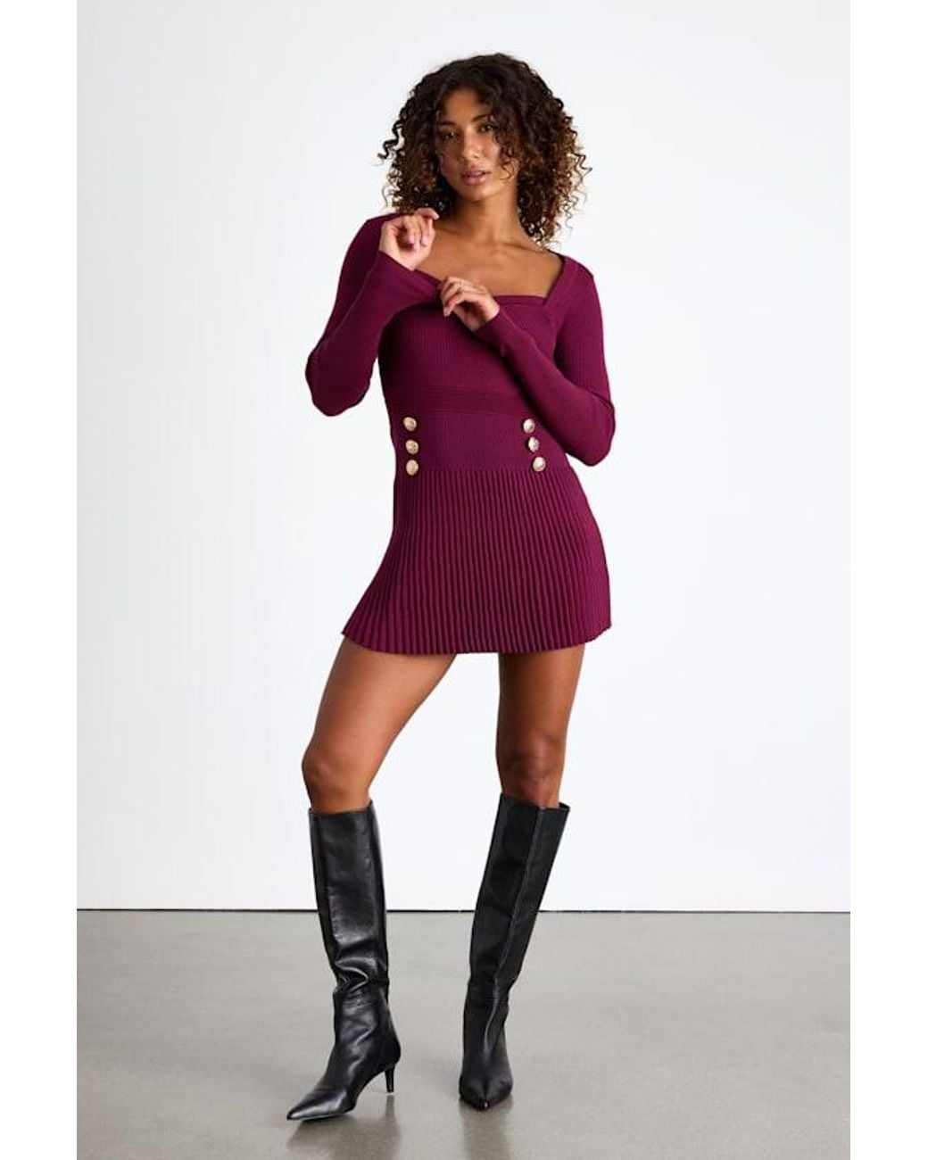 Lulus Red Chicest Crush Plum Ribbed Long Sleeve Mini Sweater Dress