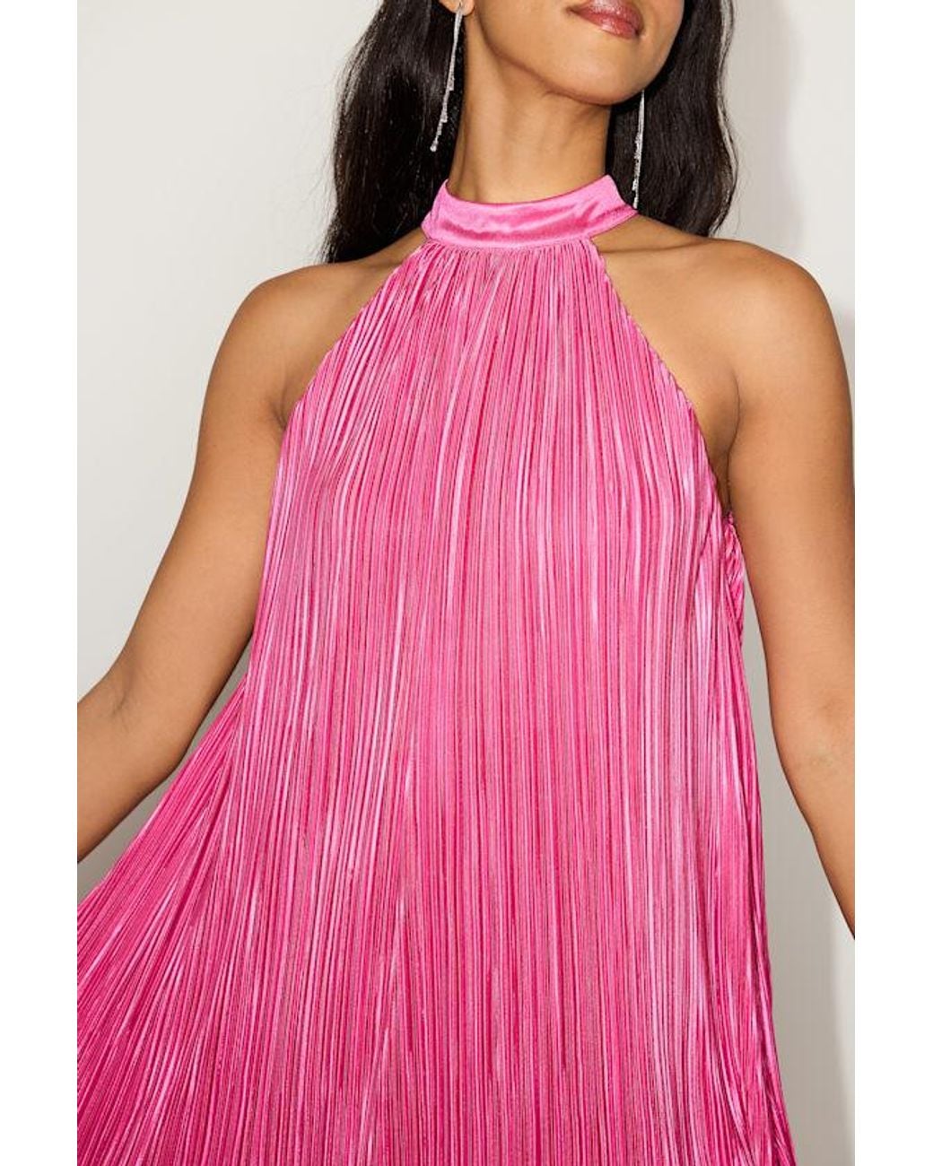 Lulus Pink Vaivah Satin Plisse Mock Neck Swing Mini Dress