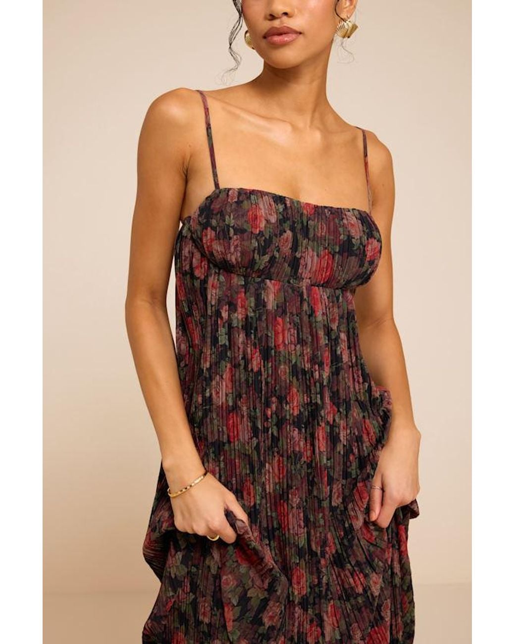 Lulus Natural Avi Floral Print Pleated Sleeveless Maxi Dress