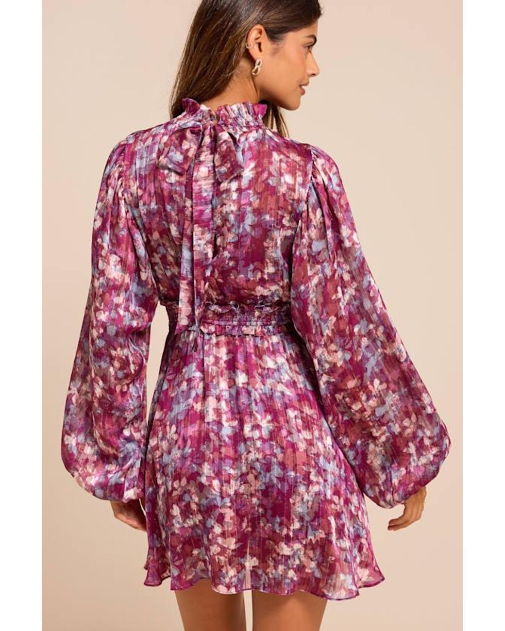 Lulus Red Andie Multi Abstract Floral Mock Neck Mini Dress