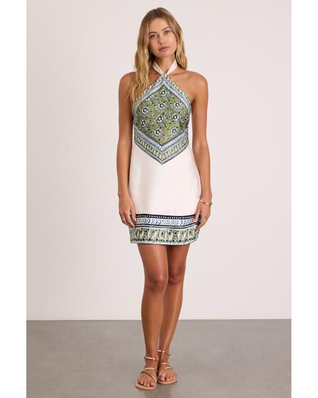 Lulus White Ayson Ivory And Scarf Print Halter Mini Dress