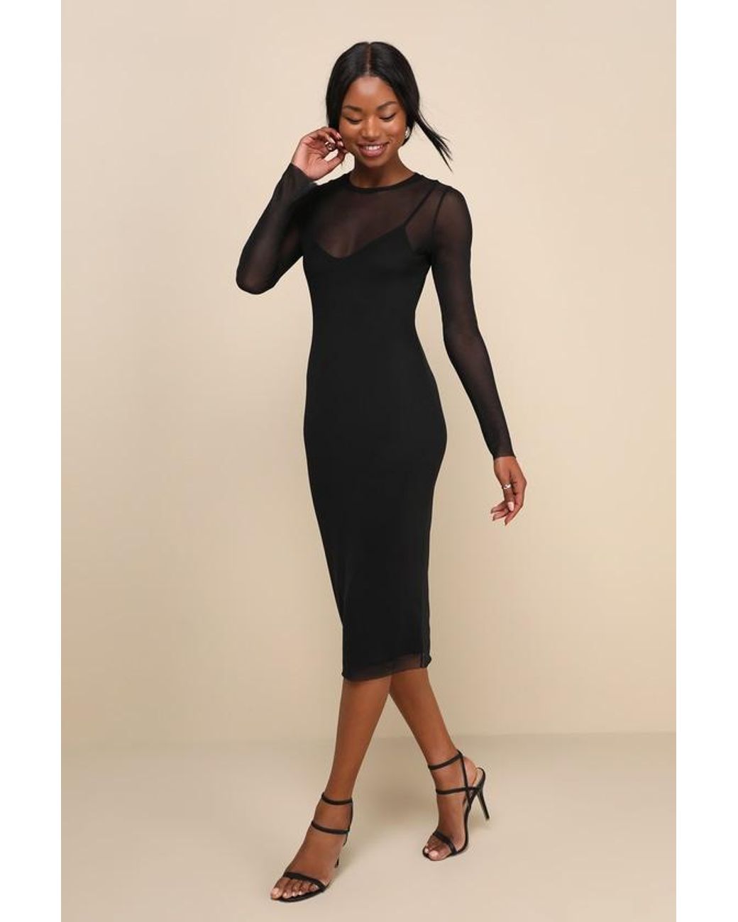 Lulus Natural Perfect Plans Sheer Mesh Long Sleeve Midi Dress