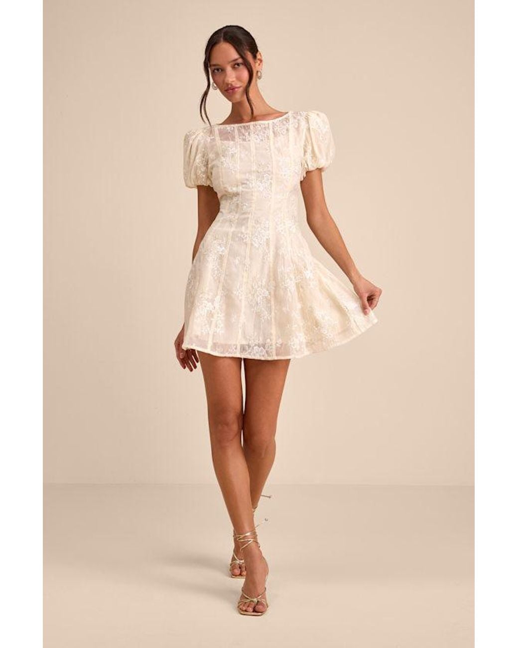 Lulus Natural Elfrieda Cream Embroidered Puff Sleeve Mini Dress