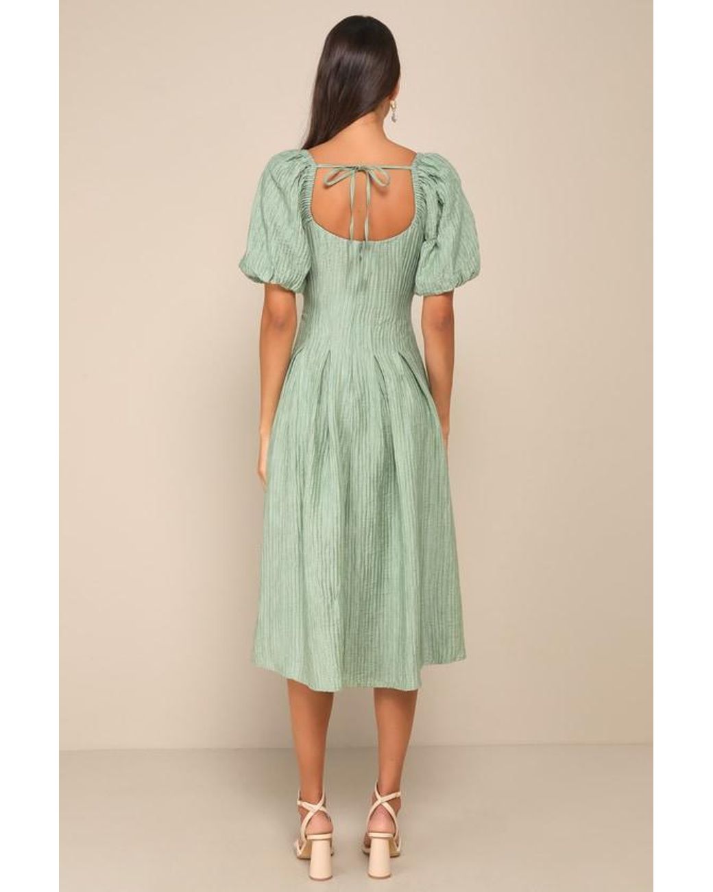 open lace back dress Puff Sleeve Pleated Midi Dress – AVANTLOOK main image 1
