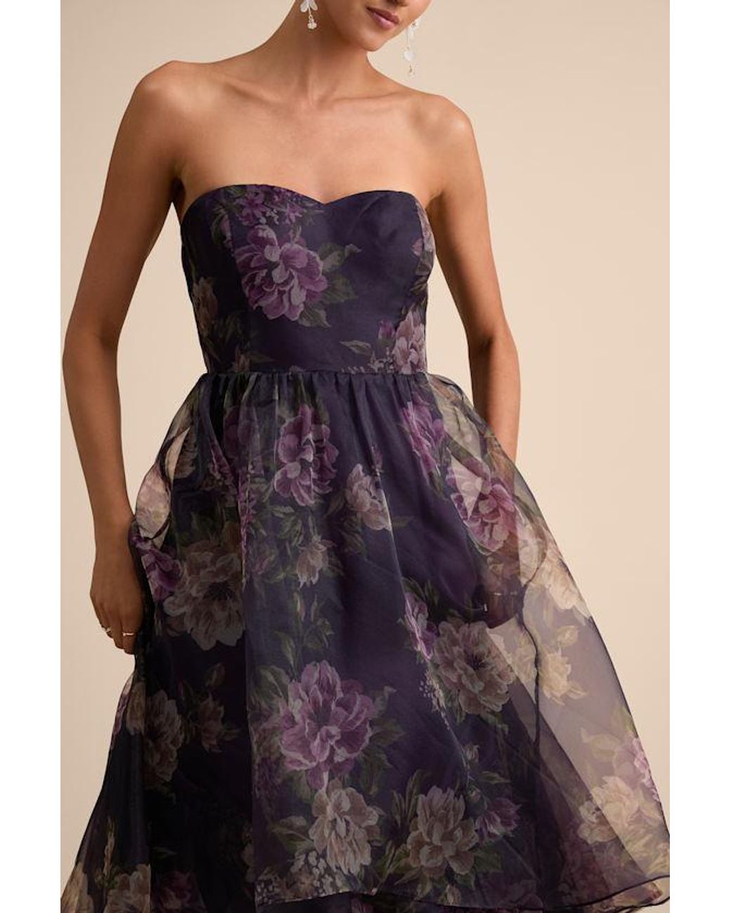Lulus Black Truly Extraordinary Floral Organza Strapless Maxi Dress