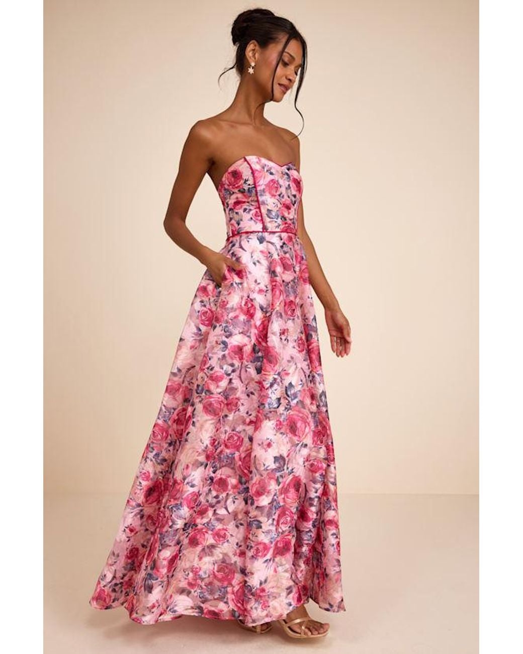 Lulus Pink Avaia Floral Strapless Maxi Dress