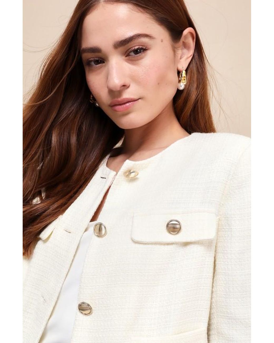 Lulus White Undeniably Poised Cream Tweed Crew Neck Button-Front Blazer
