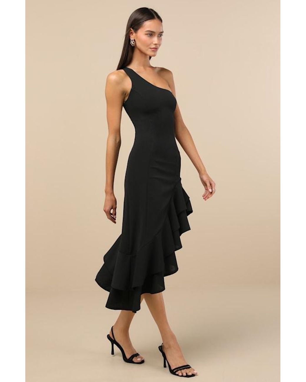 Lulus Black Steal A Glance One-Shoulder Asymmetrical Midi Dress