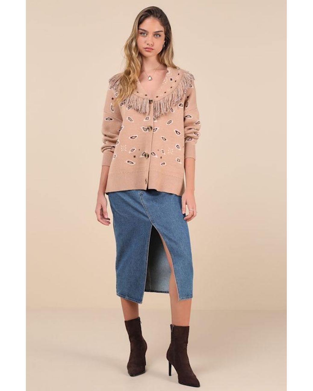 Lulus Natural Playful Coziness Bandana Print Fringe Button-Up Cardigan