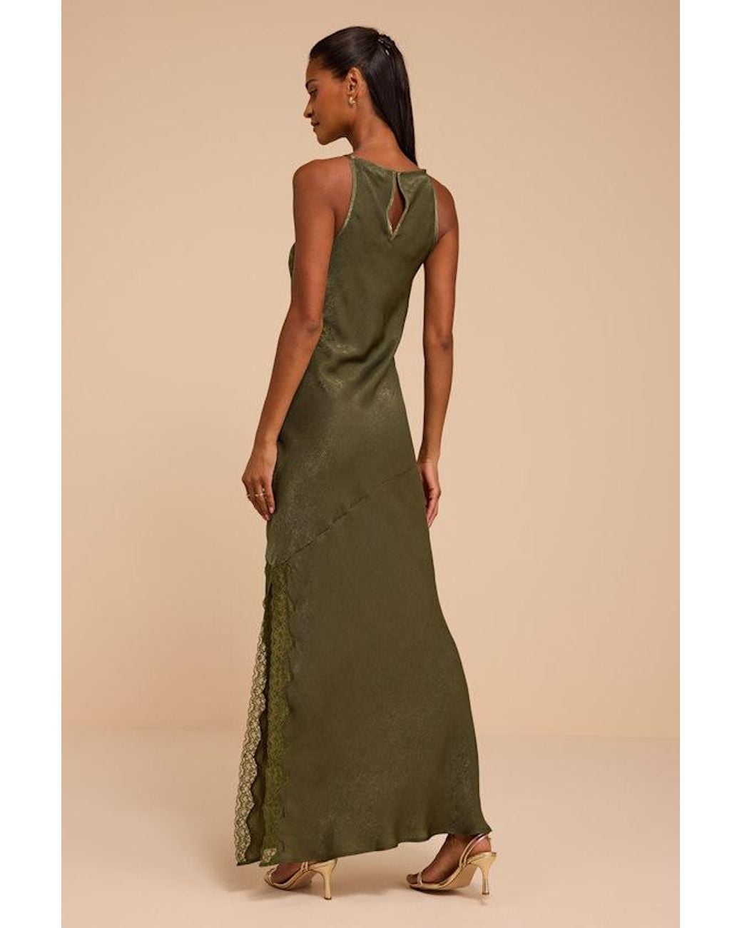 Lulus Natural Raye Satin Lace Maxi Dress