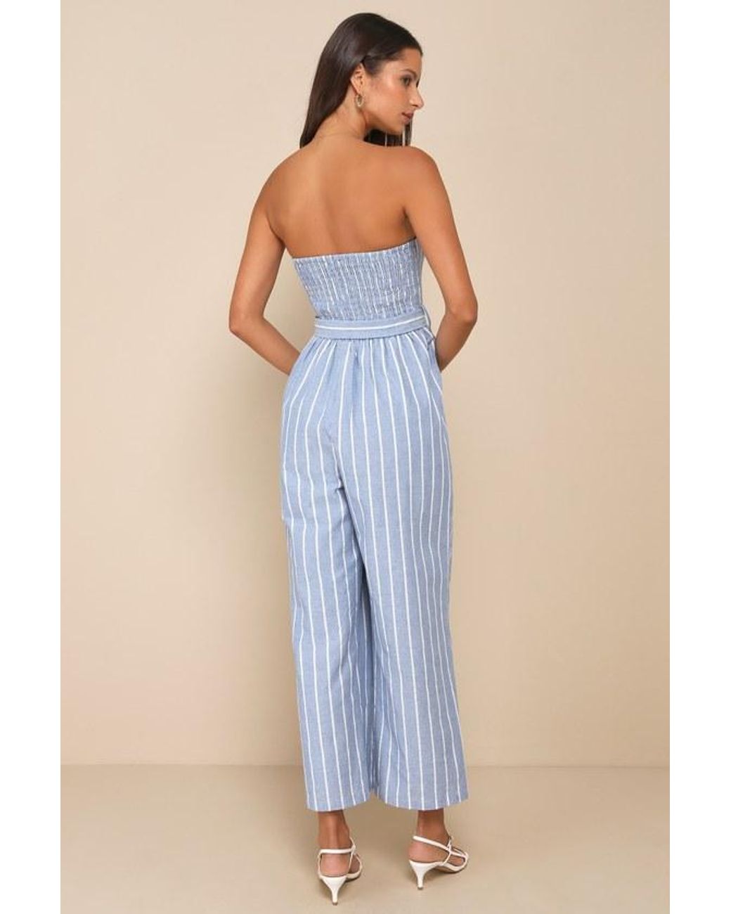 Lulus Blue Sunny Day Classic Striped Strapless Jumpsuit