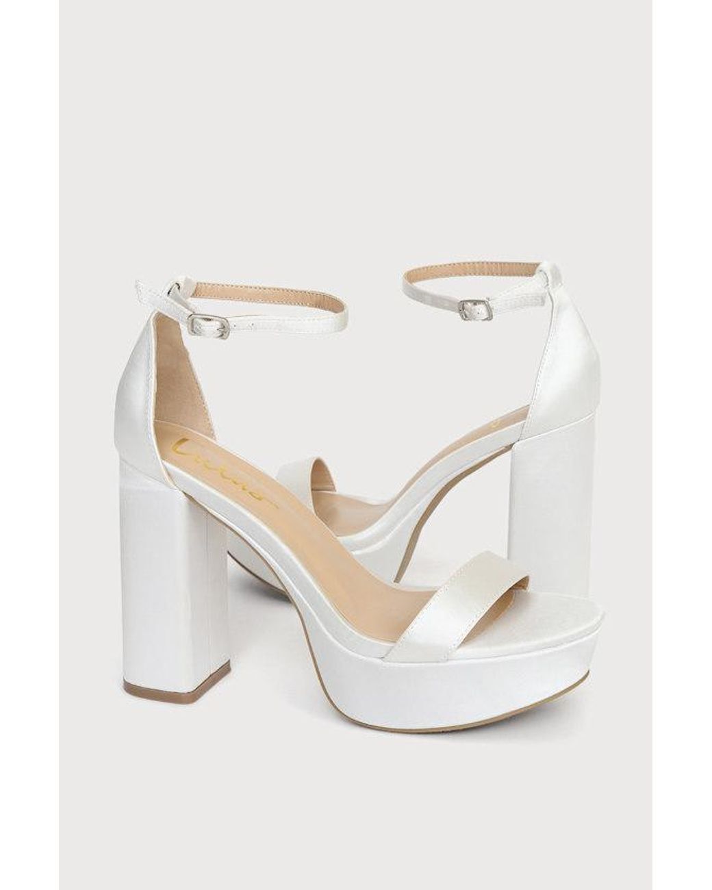 Lulus White Arrabella Satin Platform Ankle Strap Heels