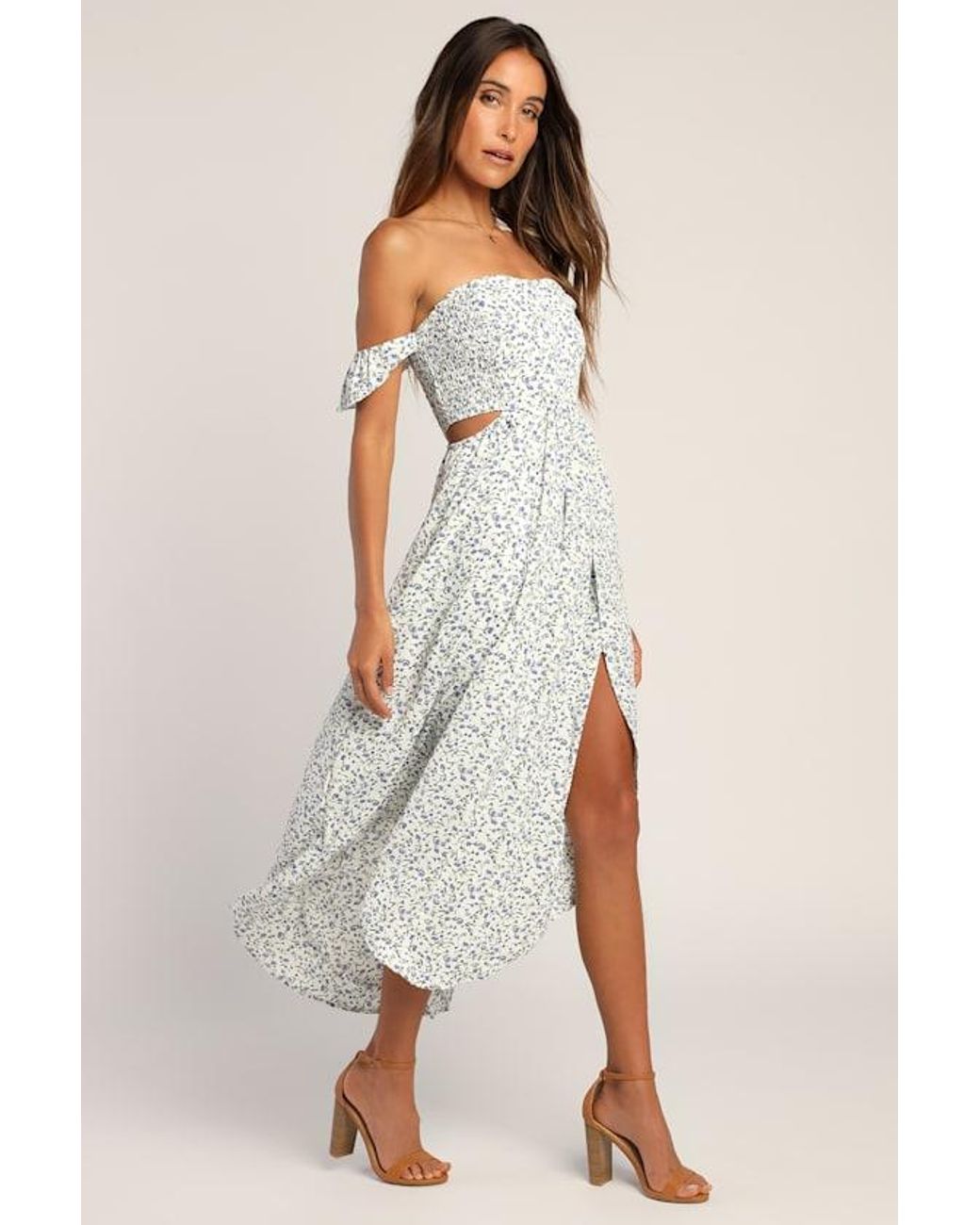 Lulus White Easy On The Eyes Floral Print Off-The-Shoulder Maxi Dress