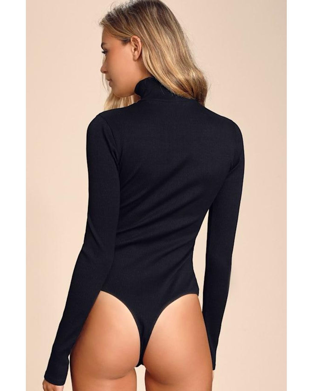 Lulus Basics Black Wilde Ribbed Long Sleeve Mock Neck Bodysuit