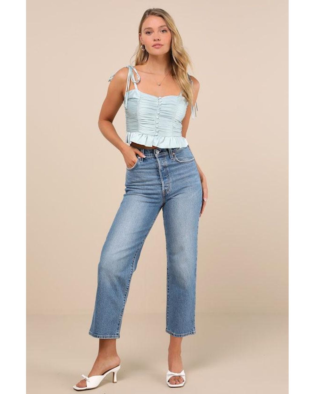 Lulus Blue Elliena Mint Satin Ruched Tie-Strap Peplum Crop Top