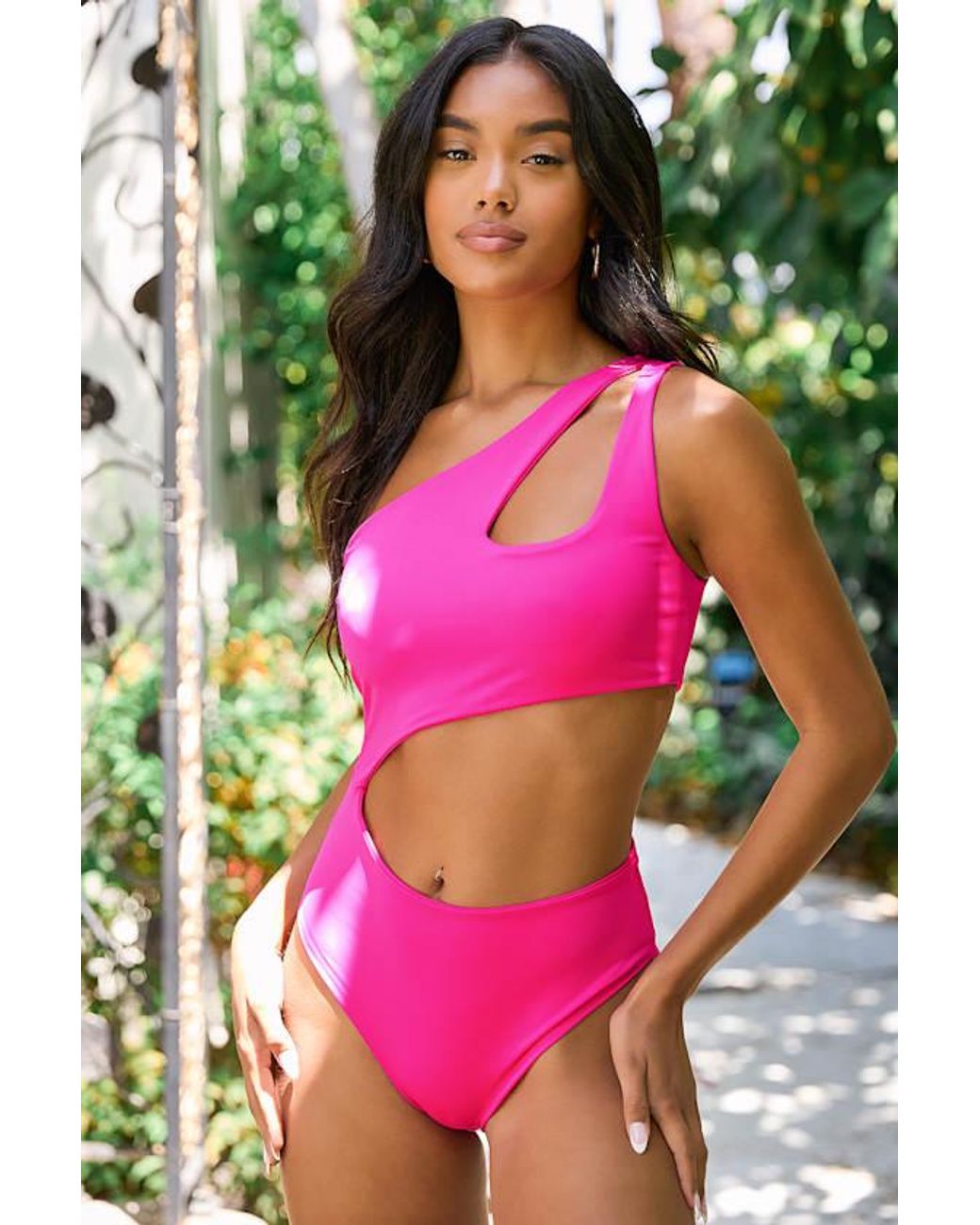 Lulus Pink Sun Bound Cutout One-Shoulder One-Piece Swimsuit