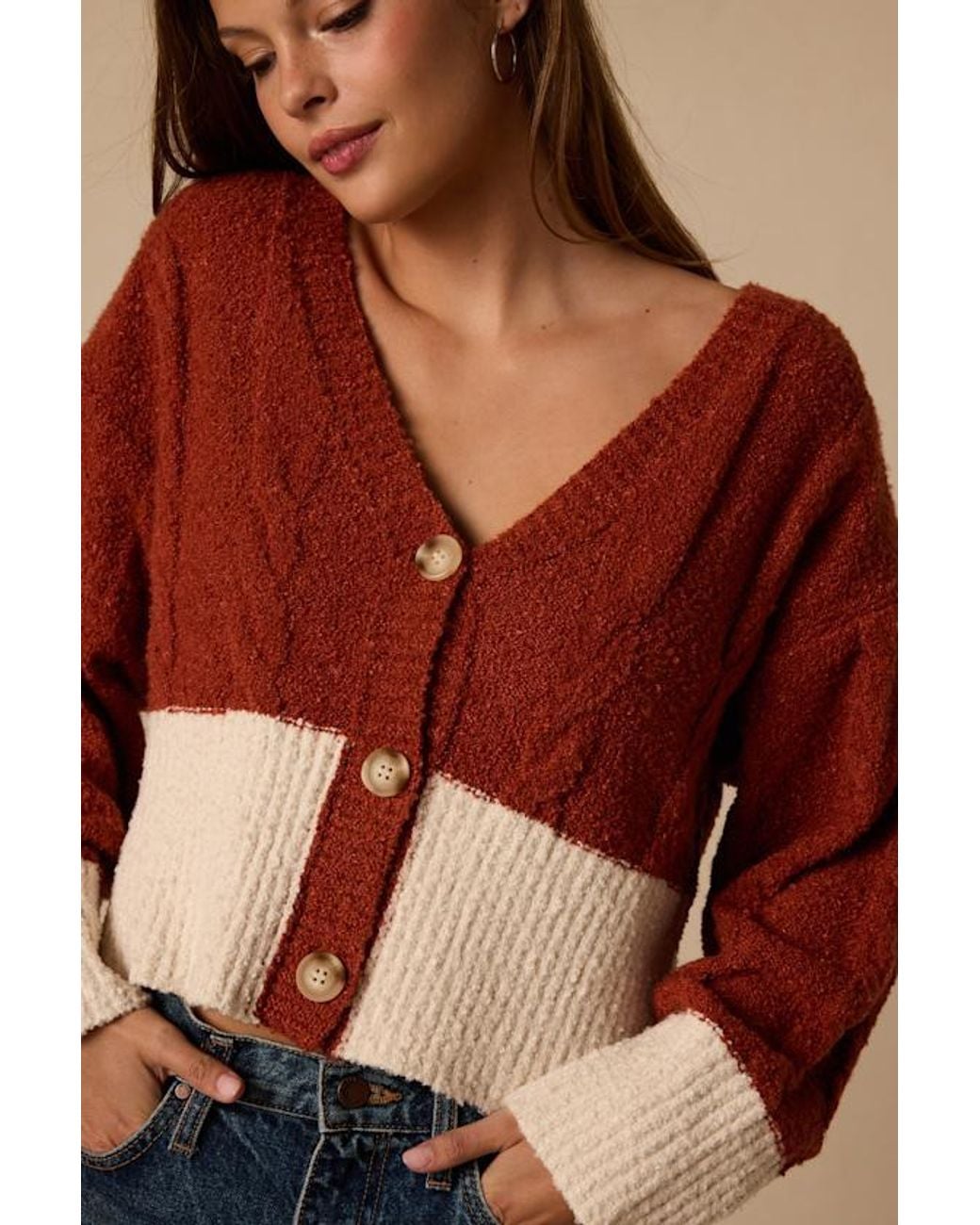 Lulus Red Convincingly Cozy Rust And Cream Cable Knit Boucle Cardigan