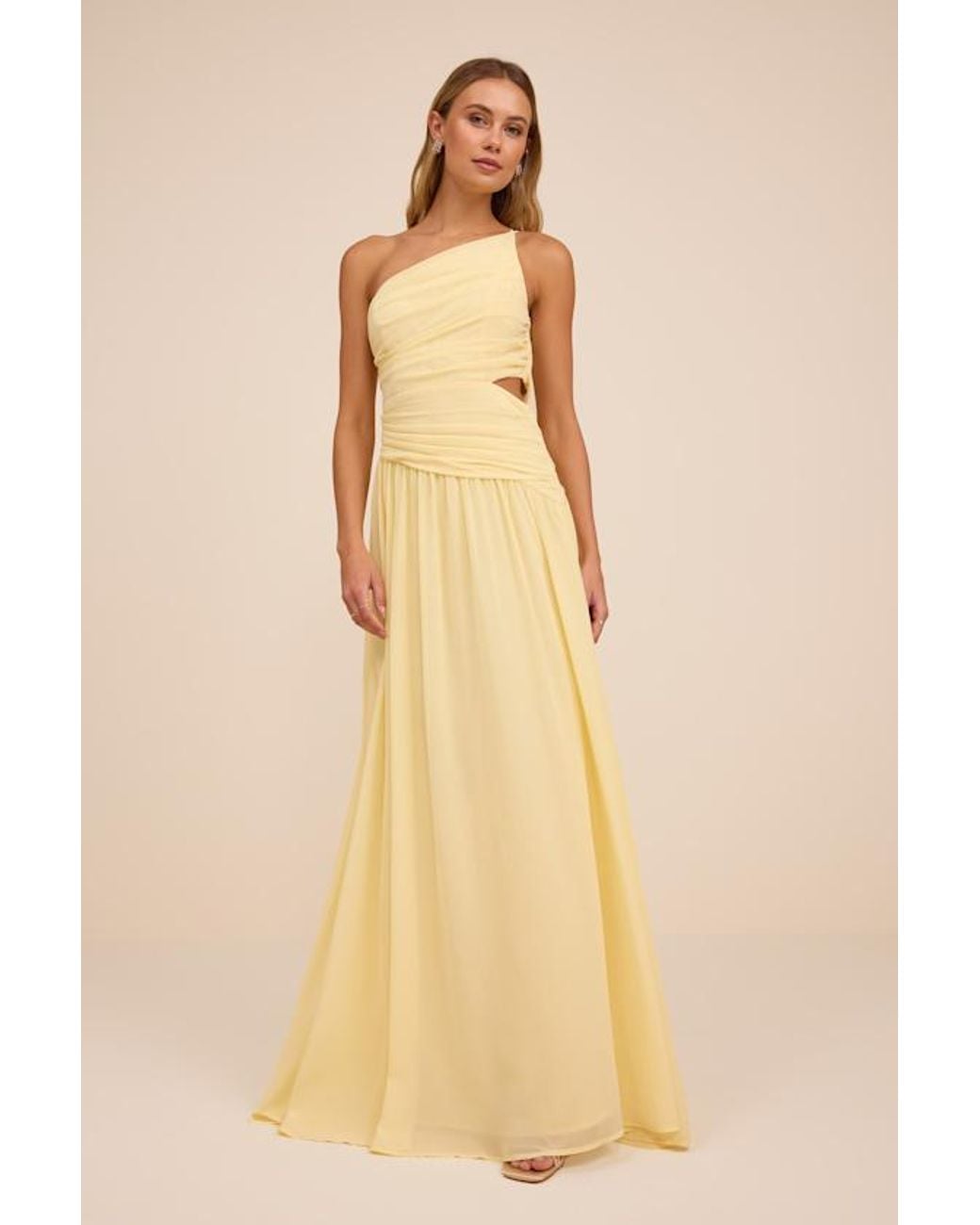 Lulus Natural Marcela Pale Ruched One-Shoulder Maxi Dress
