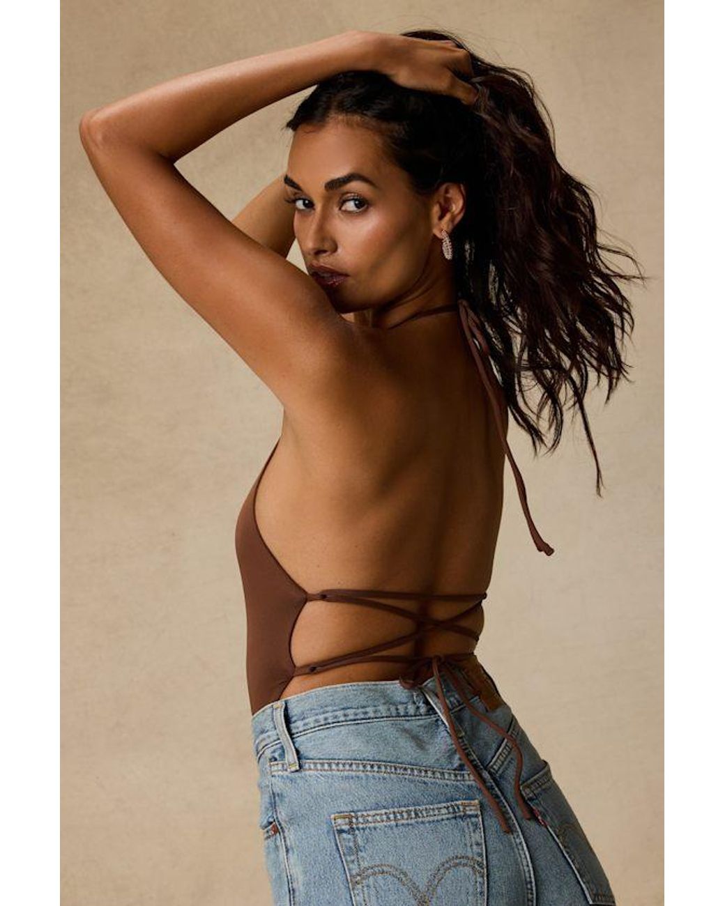 Lulus Brown Nabella Jersey Knit Lace-Up Bodysuit
