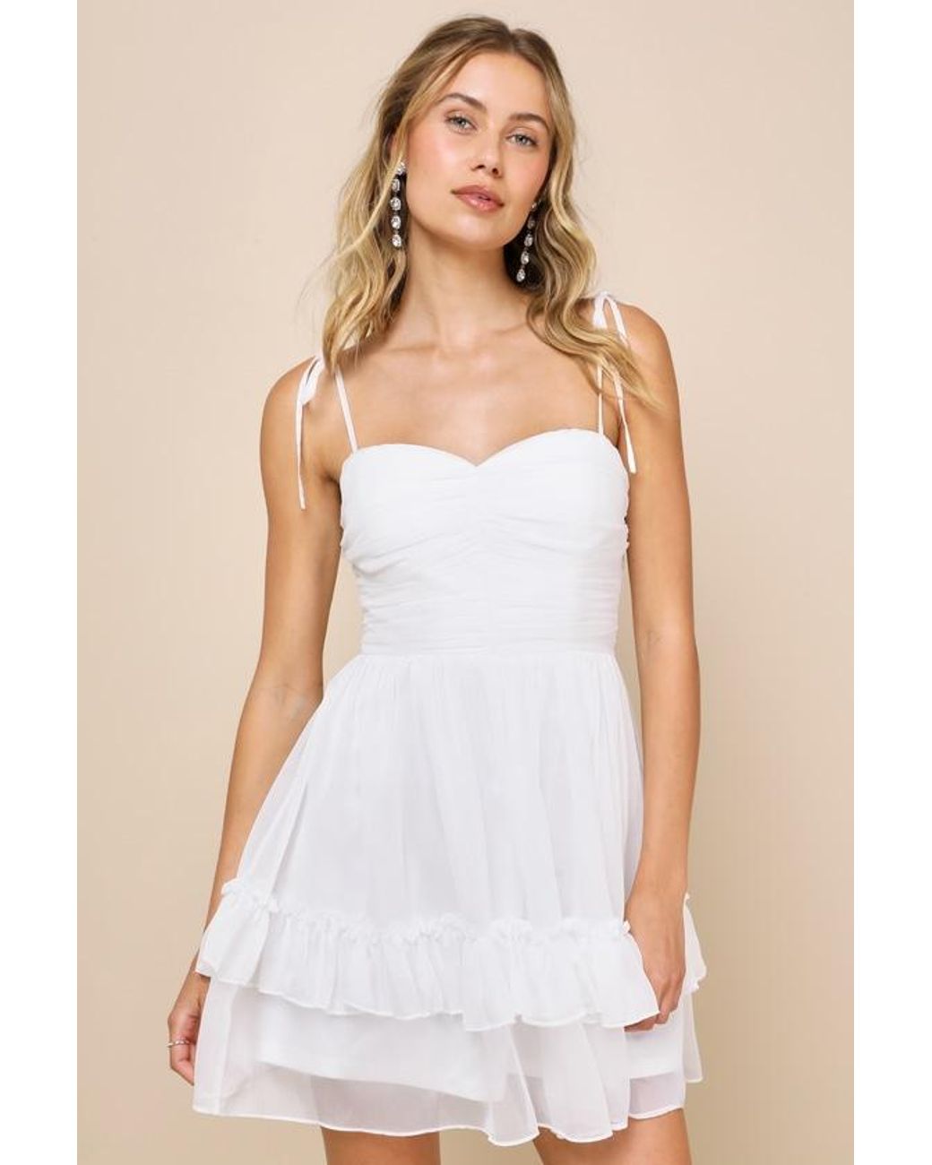 Lulus Angelic Approach Chiffon Ruffled Tie-Strap Mini Dress in White