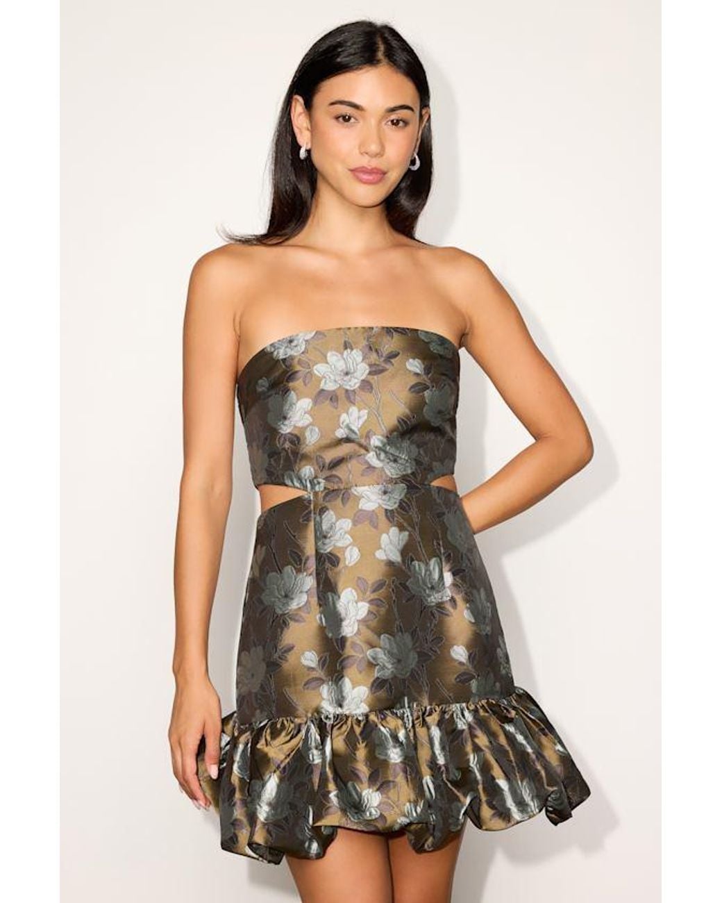Lulus Green Nathania Floral Jacquard Strapless Bubble-Hem Dress