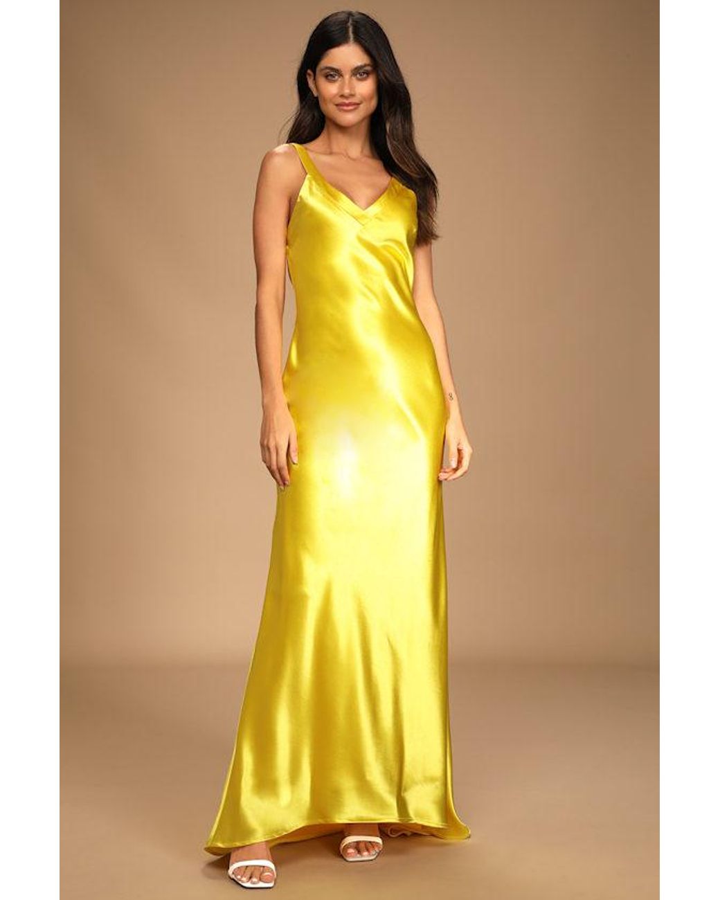 Lulus Yellow Perfectly Classy Satin Strappy Maxi Dress