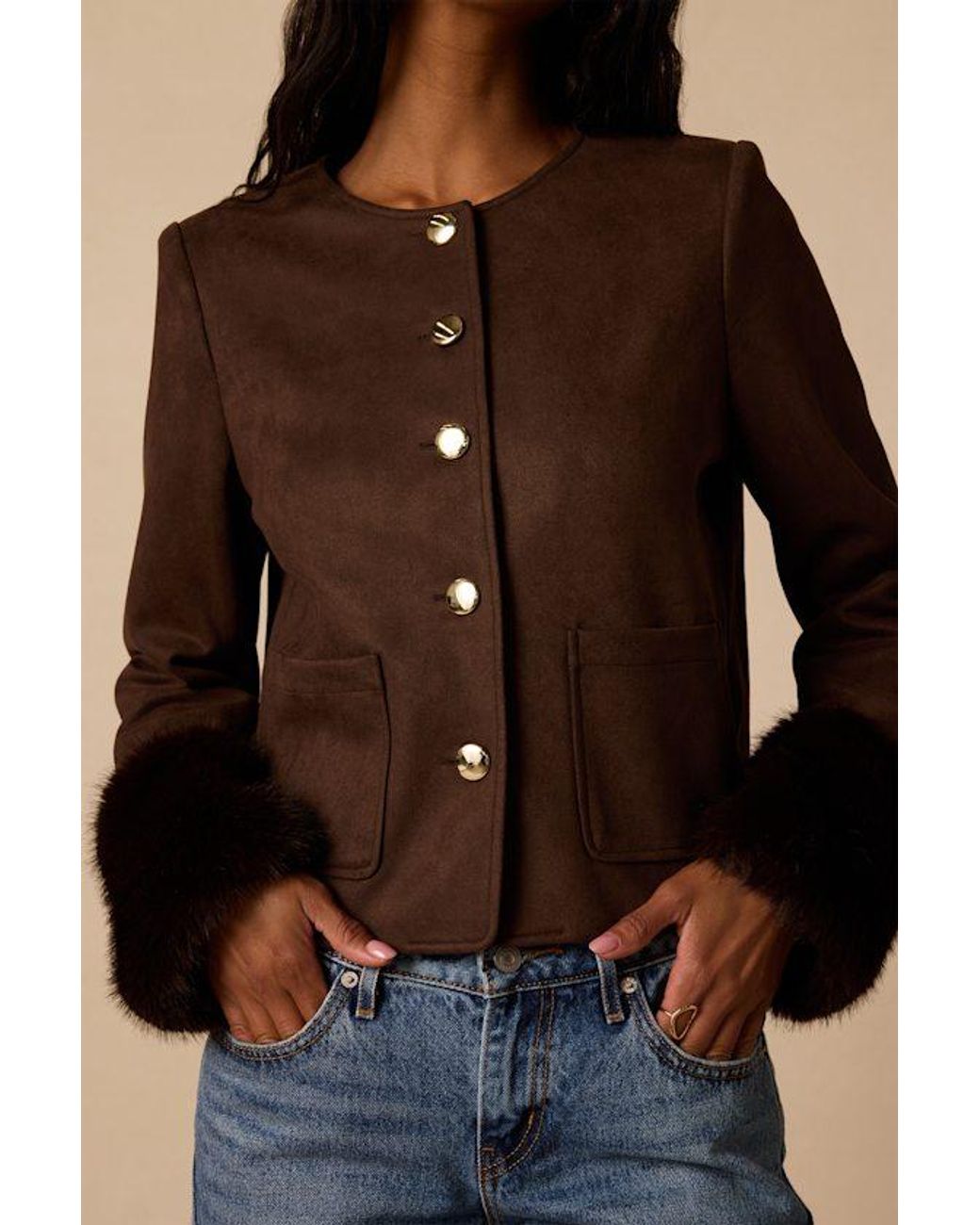 Lulus Blue Chalet Suede Fur-Trimmed Jacket