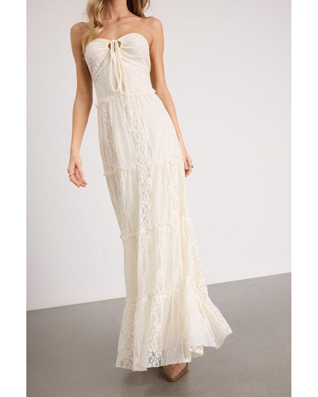 Lulus Natural Nora Lace Strapless Tiered Maxi Dress