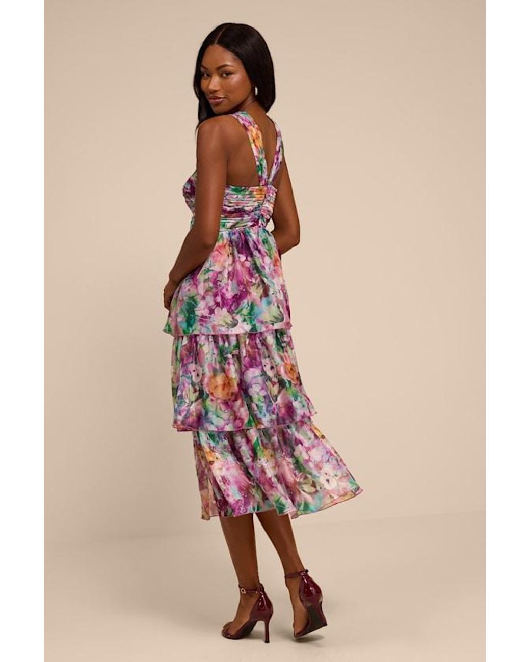 Lulus Pink Dayanara Multi Floral Organza Tiered Midi Dress