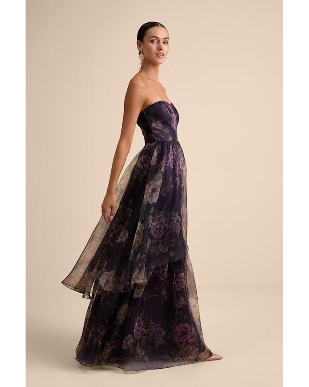 Lulus Black Truly Extraordinary Floral Organza Strapless Maxi Dress