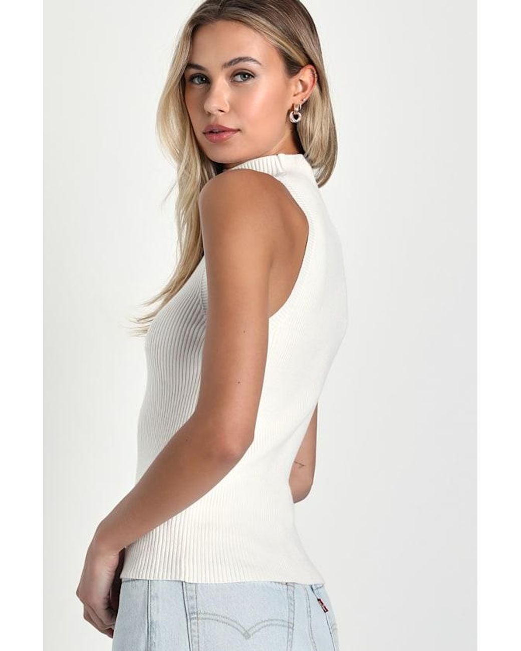 Lulus White Seasonal Sophistication Ribbed Mock Neck Sweater Tank Top