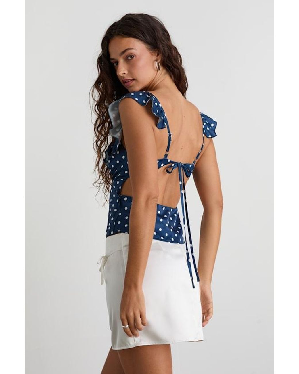 Lulus Blue Vivi Polka Dot Satin Ruffled Tie-Back Top