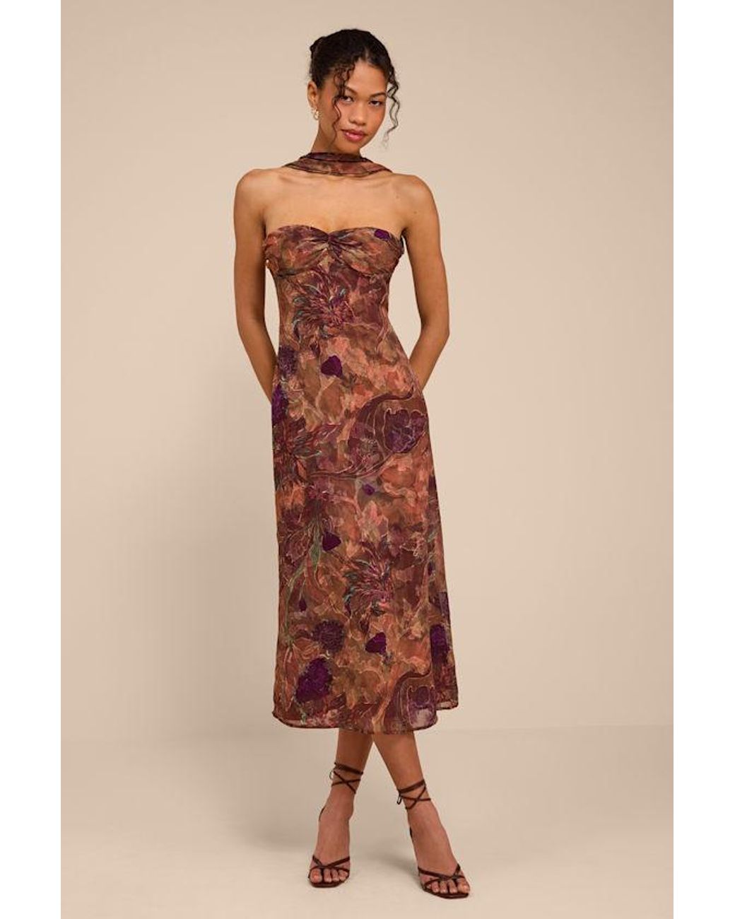 Lulus Natural Aviva Multi Jacquard Backless Scarf Midi Dress