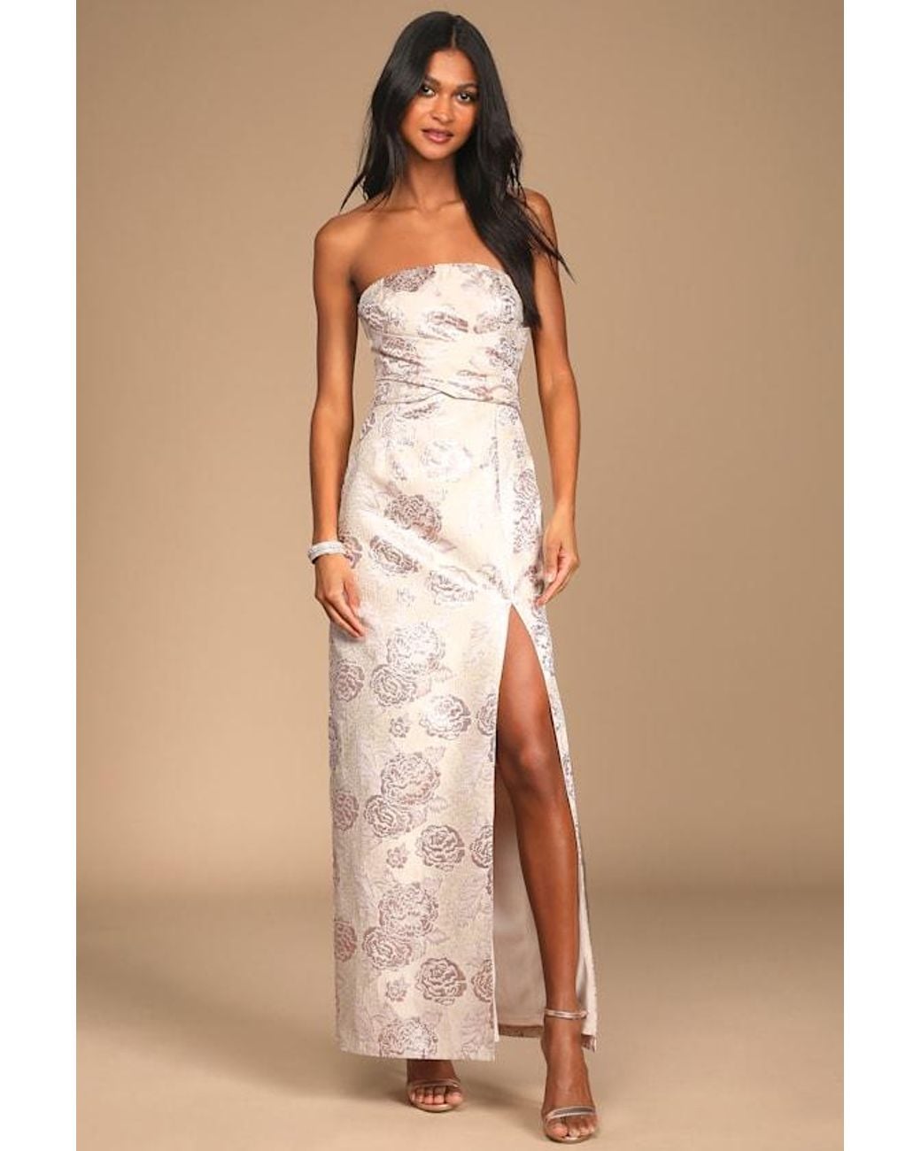 Lulus Natural Redefine Regal Floral Jacquard Strapless Maxi Dress