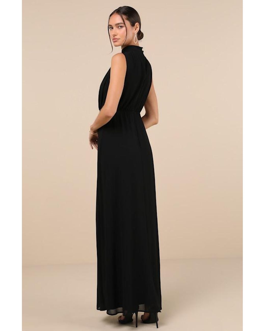 Lulus Black Classic Elegance Chiffon Sleeveless Mock Neck Maxi Dress
