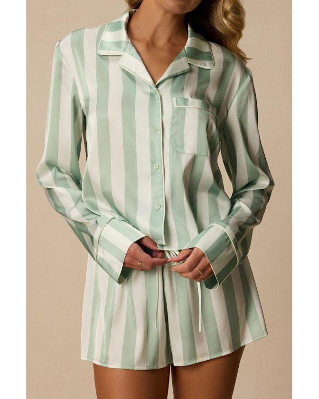 Lulus Green Patsy Mint Striped Satin Two-Piece Pajama Set