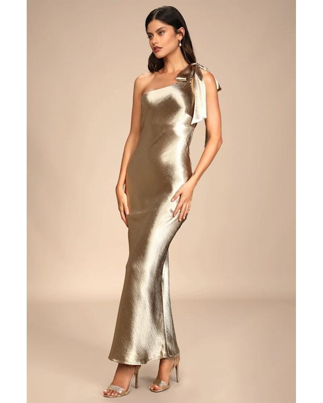 Lulus Natural Lavish Looks Satin One-Shoulder Tie-Strap Maxi Dress