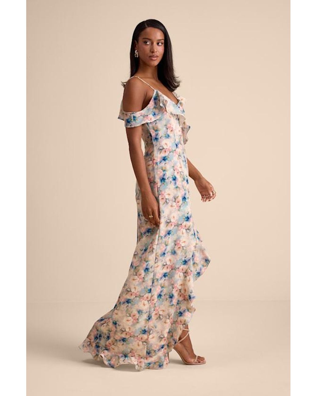 Lulus Natural Venecia Blush Floral Ruffled Asymmetrical Maxi Dress