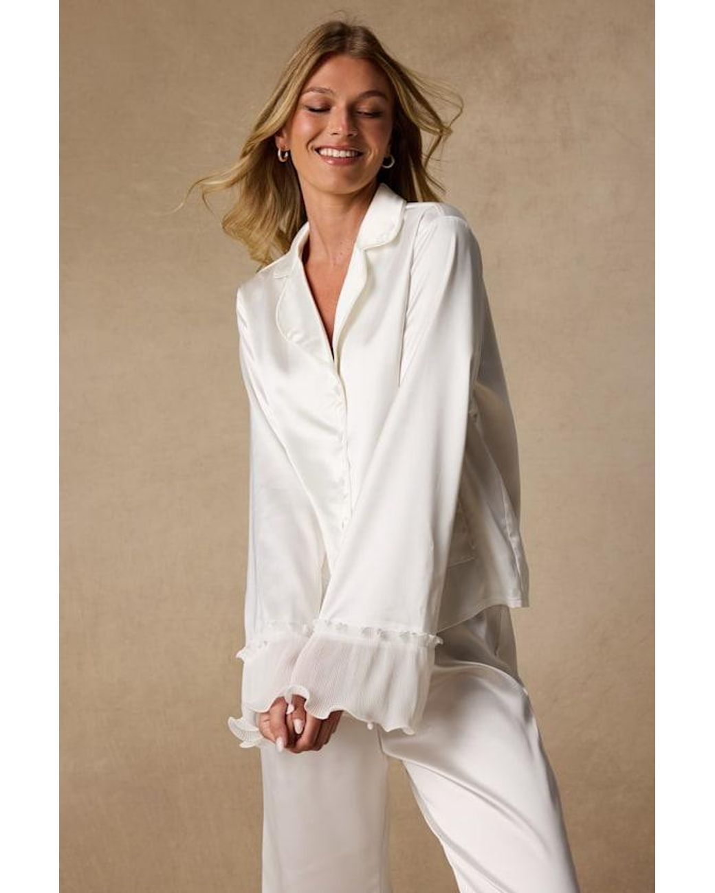 Lulus Natural Melanie Satin Ruffled Two-Piece Pajama Set