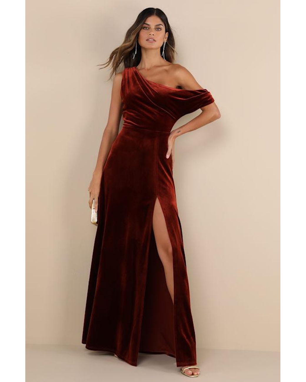 Lulus Coveted Confidence Velvet Asymmetrical Maxi Dress in Brown