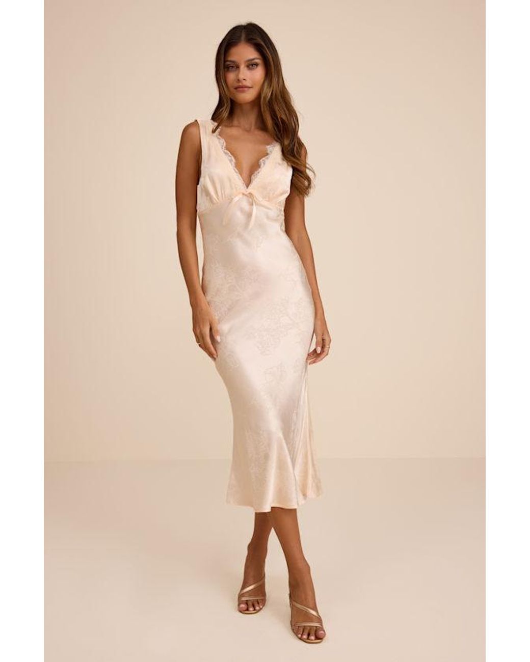Lulus Natural Marin Blush Satin Jacquard Slip Midi Dress