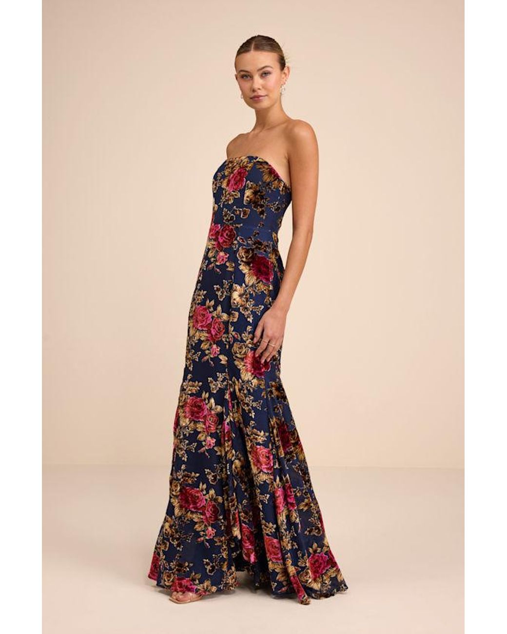 Lulus Blue Anoah Floral Velvet Burnout Strapless Maxi Dress