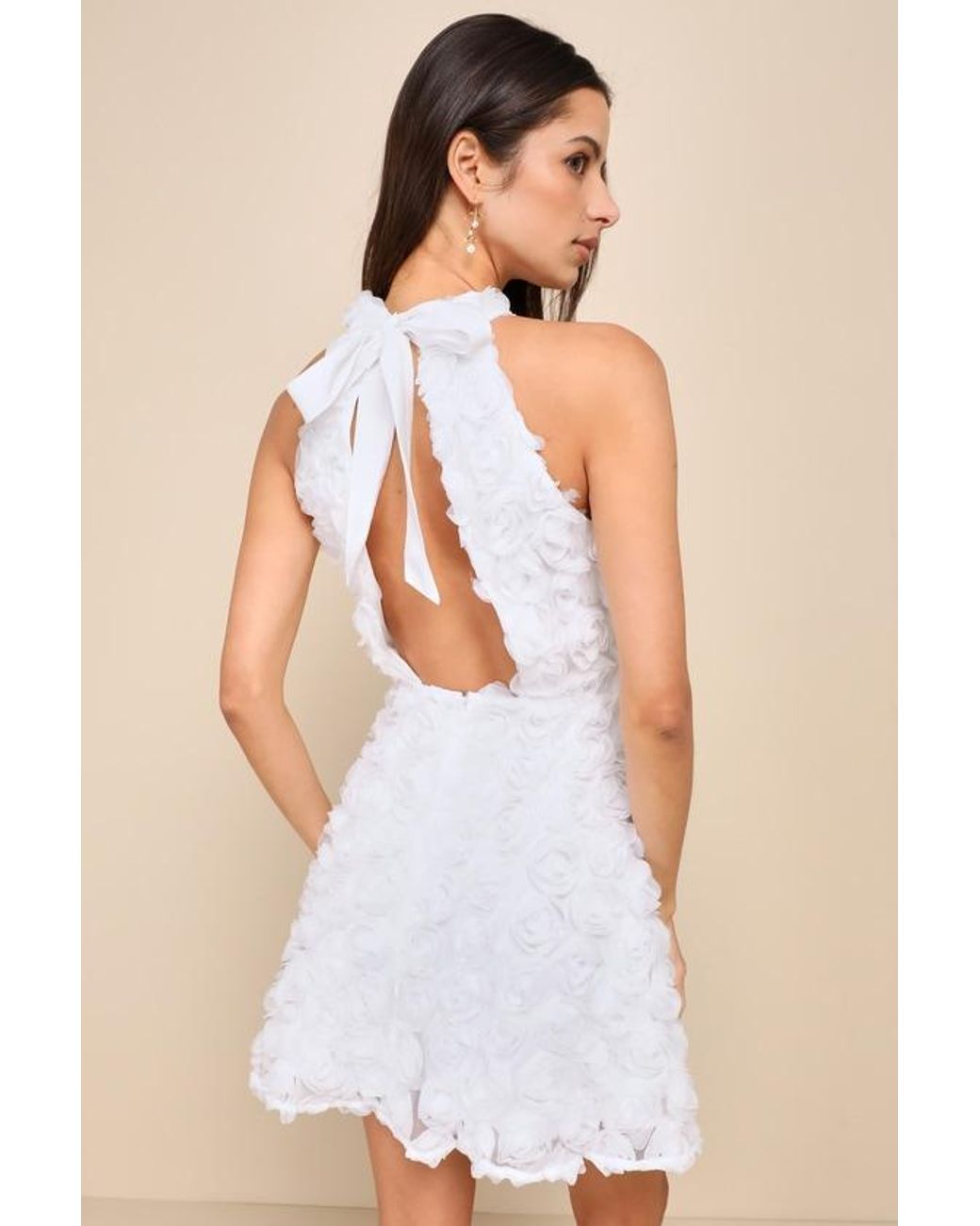 Lulus Beloved Blossoming 3D Floral Halter Backless Mini Dress in White |  Lyst