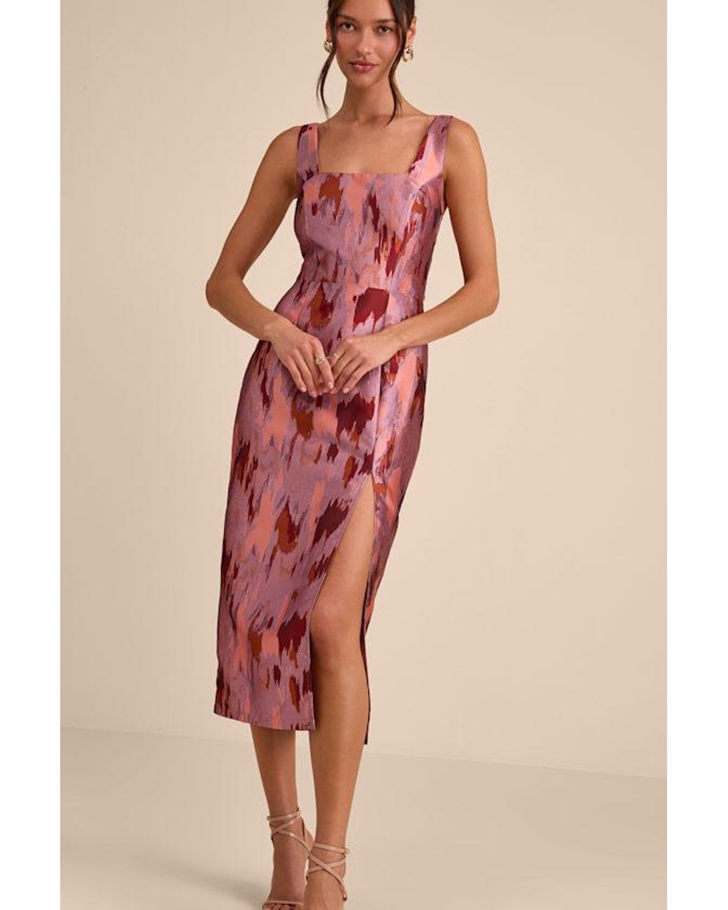 Lulus Pink Diani Abstract Jacquard Column Midi Dress